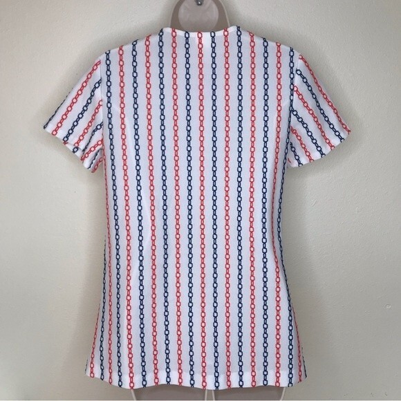 Vintage 70s White Double Knit Orange Blue Chain Stitch Zip Up Top Womens Medium - Picture 6 of 14